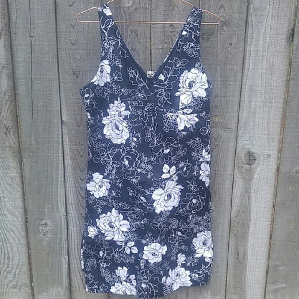 Faith Passion Cotton Mini Sheath Floral V-Neck Kick Pleat Center Zip Dress SZ6